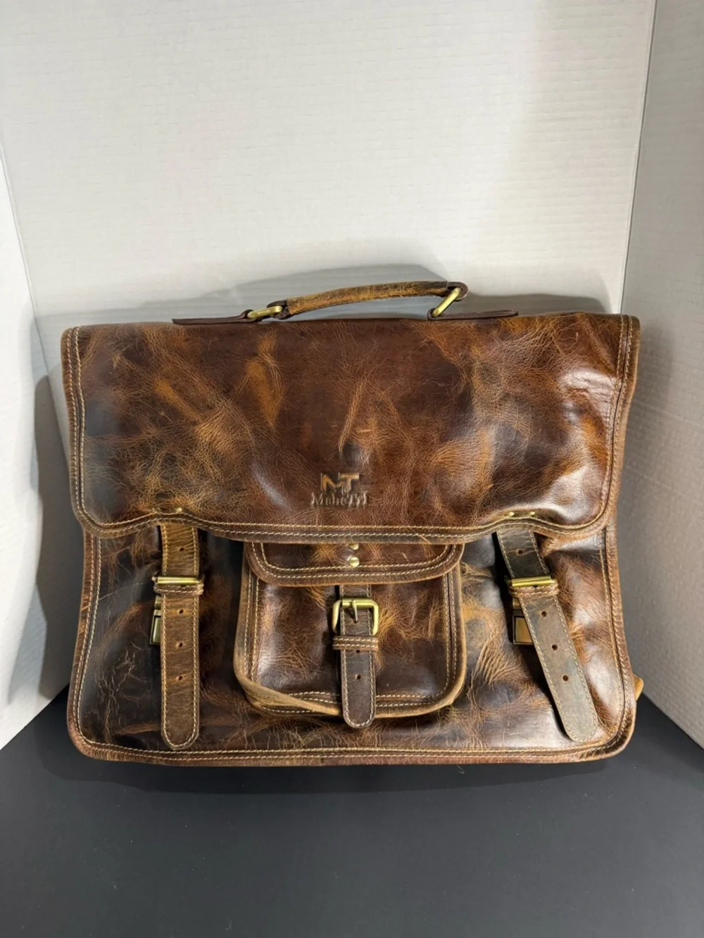 MT Distressed Brown Leather Messenger Bag Briefcase Laptop Satchel Unisex